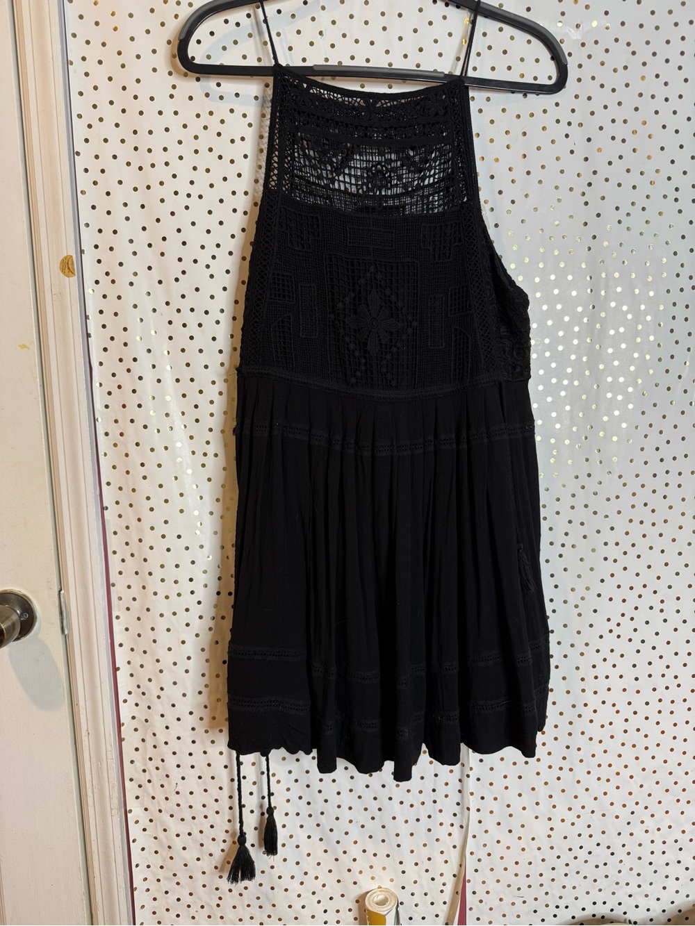 black crochet halter dress Free People | Dresses | Free People Low iron if needed Bridal Aug 2025 Sparkles Boutique color:BLACK AND BLUE FLORAL Halterneck dress